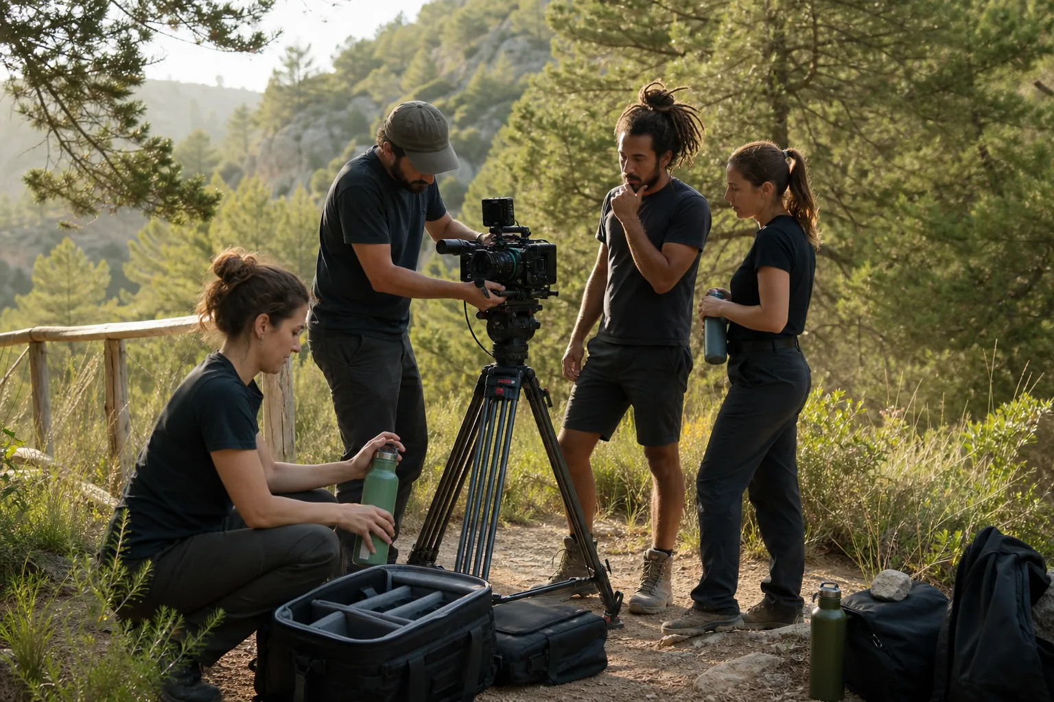 Equipo de producción audiovisual preparando un rodaje sostenible en un entorno natural